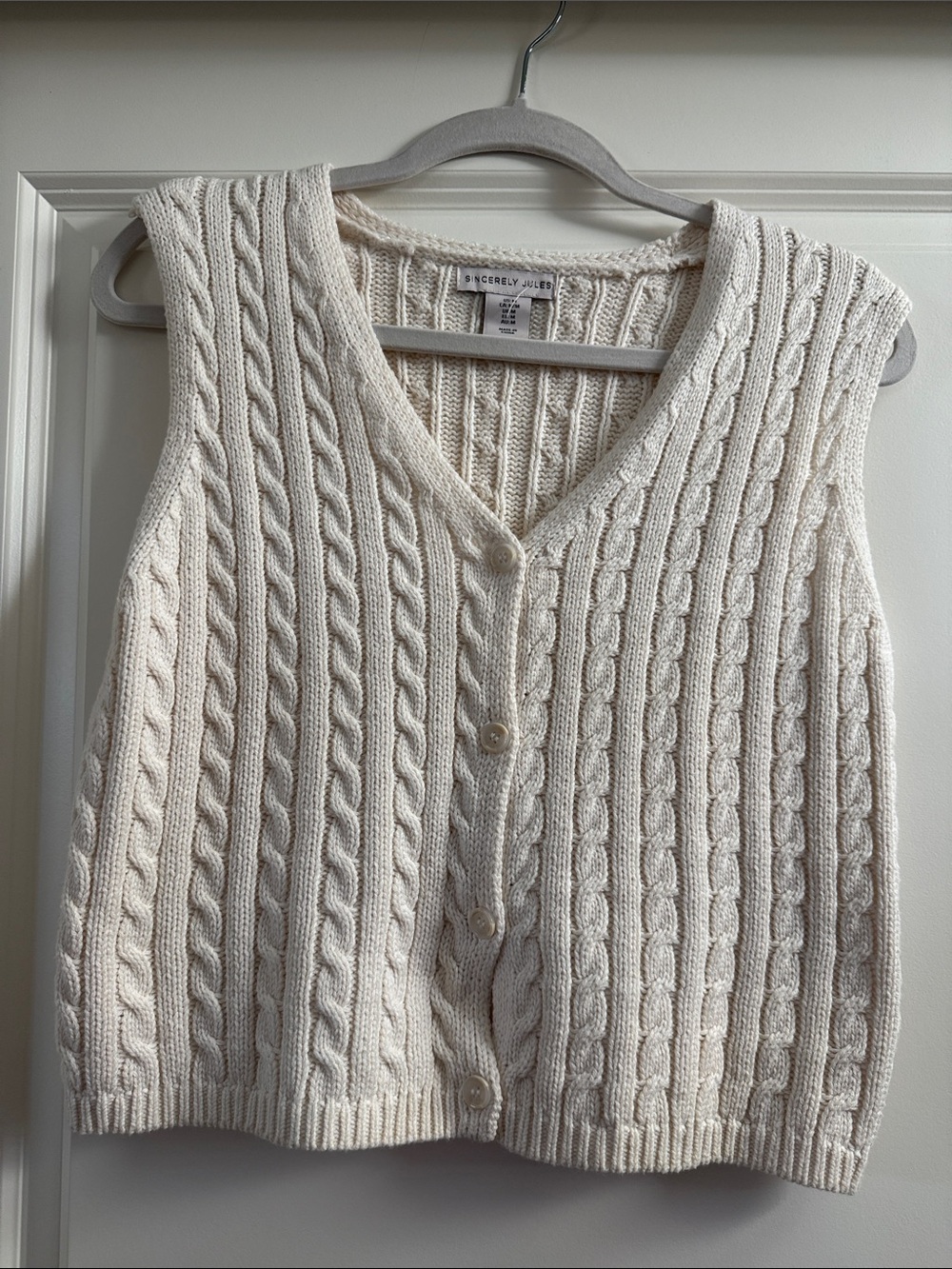 Sincerely Jules Cream Cable-Knit V-Neck Button Front Sweater Vest